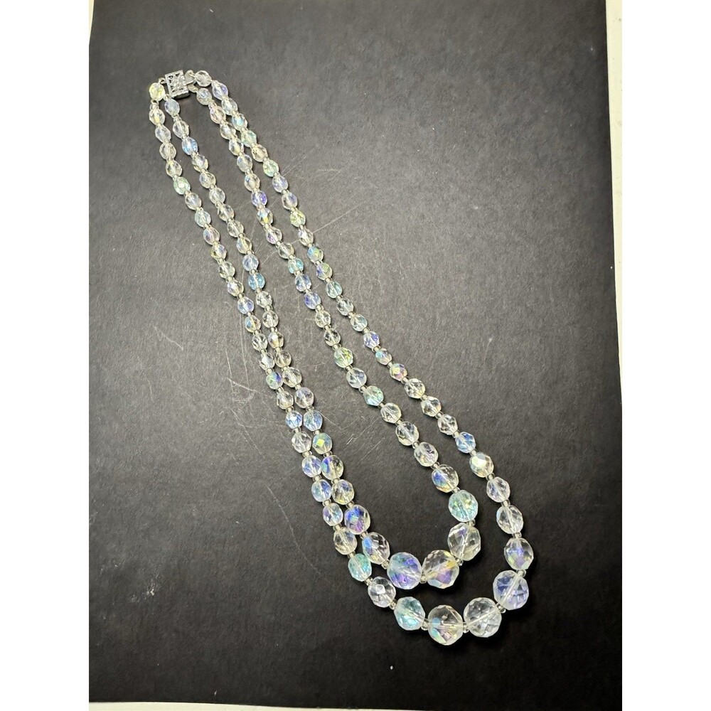 Vintage 1950s 60s Aurora Borealis Crystal Glass Bead Double Strand Necklace